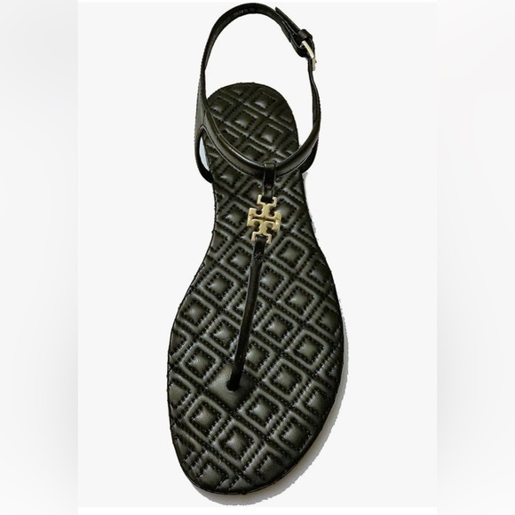 TORY BURCH Marion Quilted Black Leather T-Strap Gold Logo Sandals Size 8 Luxury - Picture 1 of 16